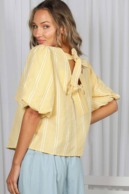 V-Back 2 Bow Accent Feminine Plaid Blouse Top VT82621C