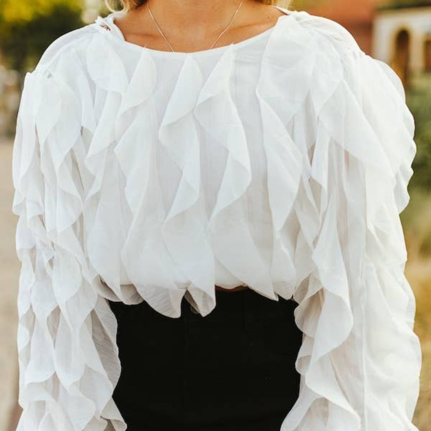 Ivory Ruffle Long Sleeve Elastic Waist Cuff OpenTie Back Top