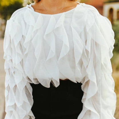 Ivory Ruffle Long Sleeve Elastic Waist Cuff OpenTie Back Top