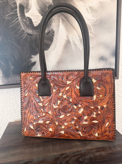 Saddle Tan & Ivory Inlay Tooled Leather Juan Antonio Handbag
