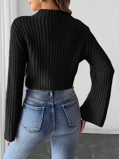 Bow embellished flared sleeve short sweater