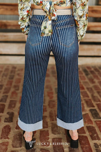 Dark Wash Striped Cuffed Boyfriend Western Jeans (28in)