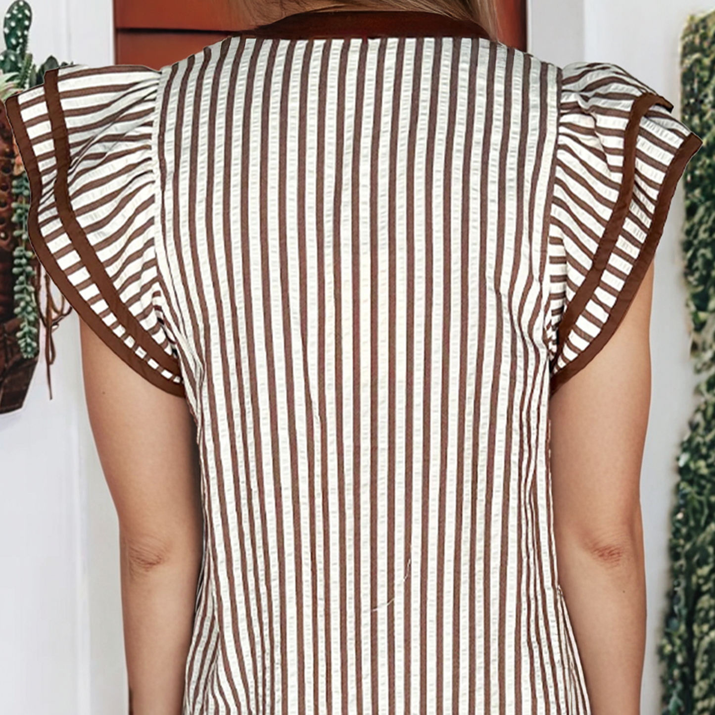Stripe Double Ruffled Short Sleeve Contrast Trim Blouse
