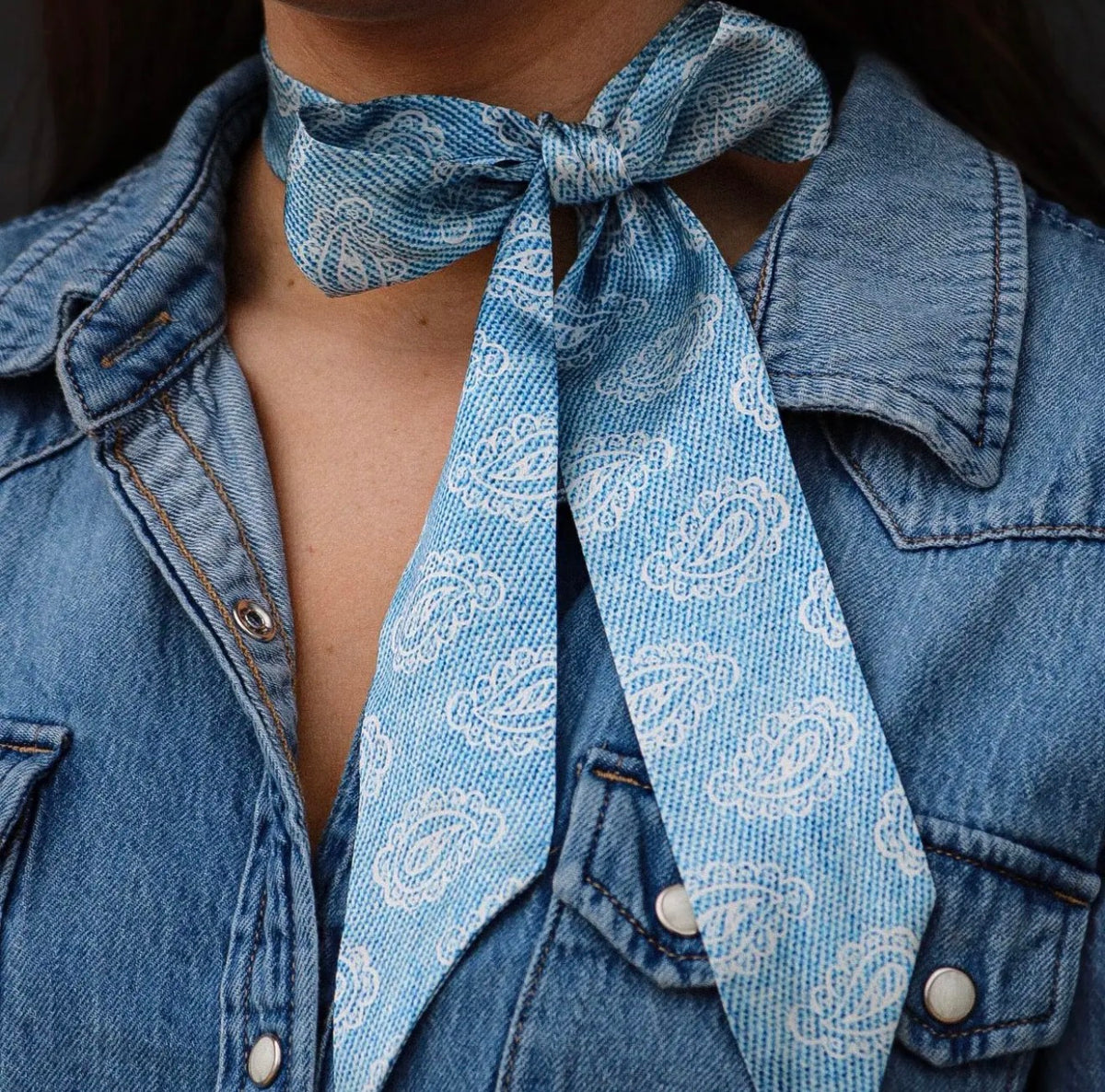 Light Denim Blue Silk Twilly Scarf with White Paisley Pattern