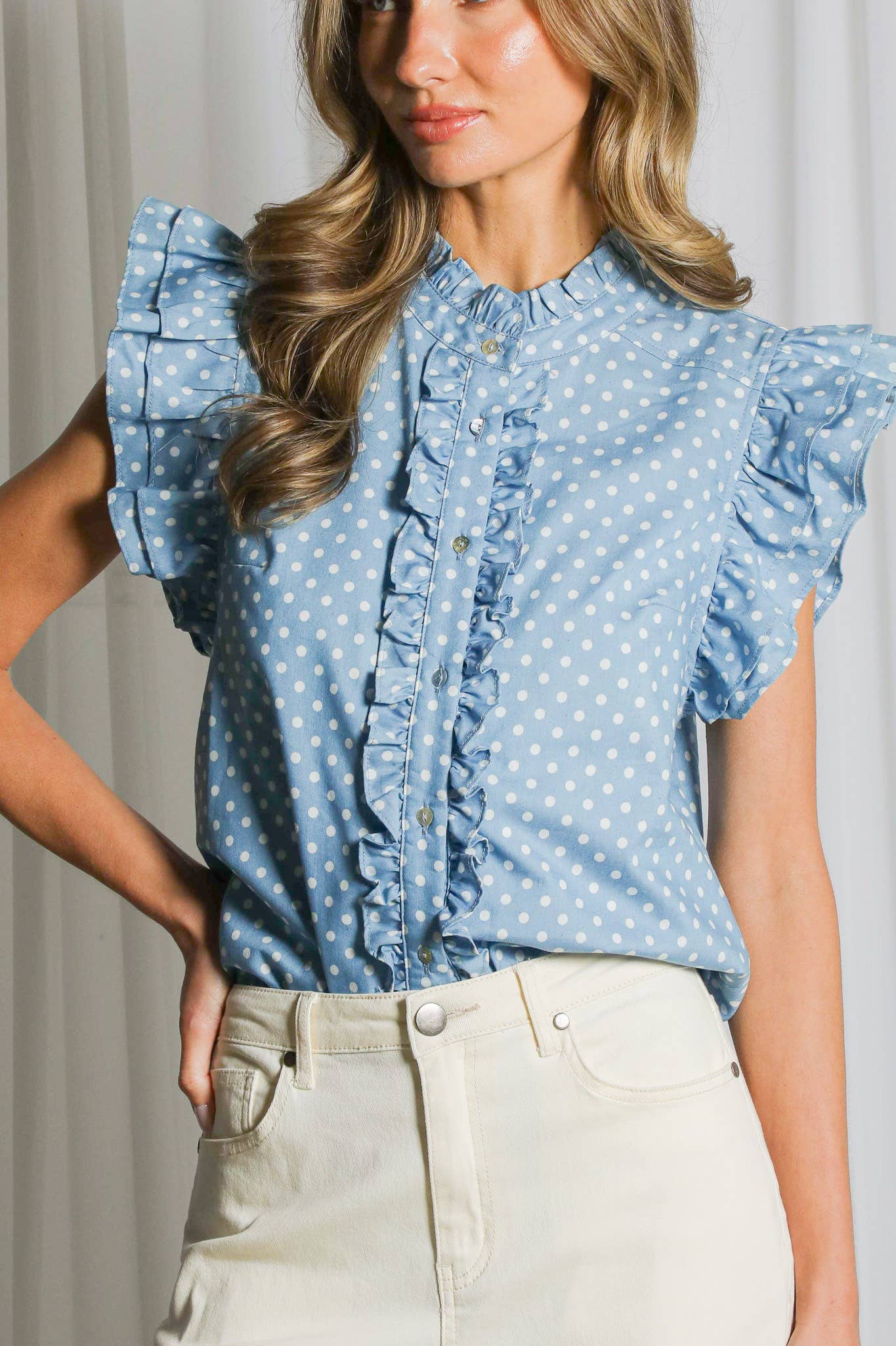 Playful Polka Dot Ruffle Accent Sleeve Shirt Top VT83115D