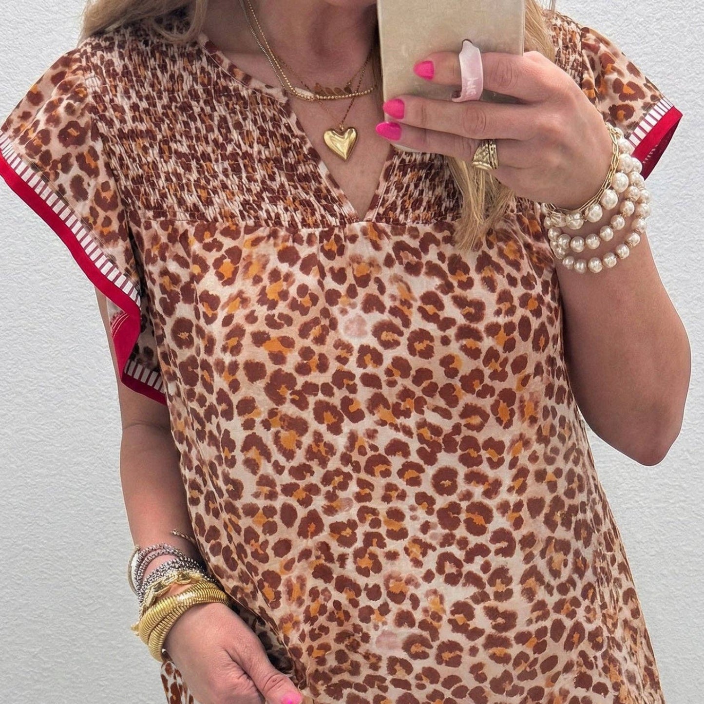 Leopard Contrast Trim Ruffle Short Sleeve Blouse