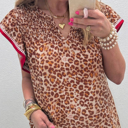 Leopard Contrast Trim Ruffle Short Sleeve Blouse