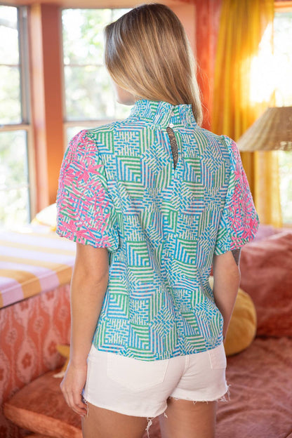 Smocked Neck Contrast Embroidered Bubble Sleeve Top