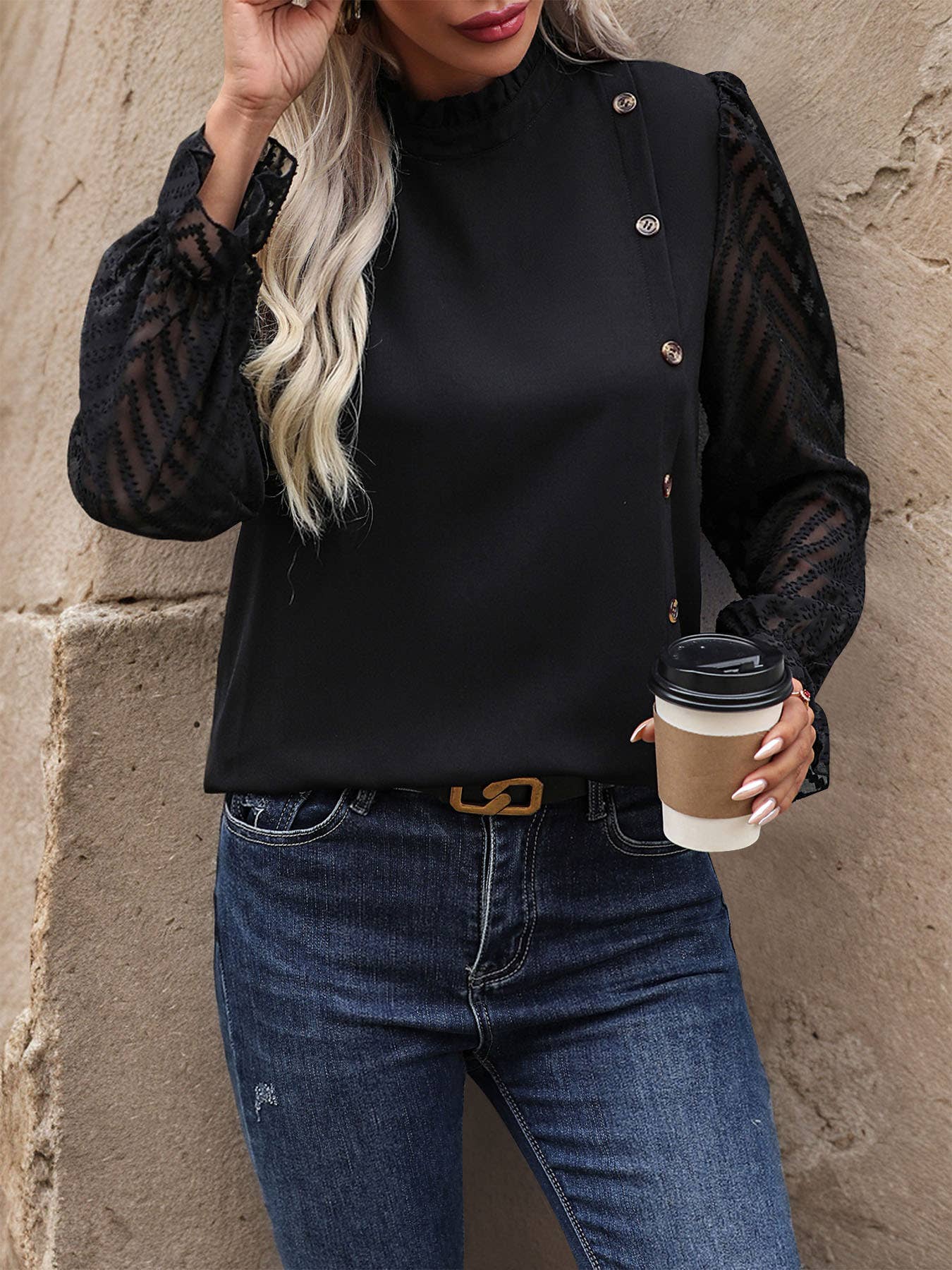 Puffed-sleeve semi-high-neck solid-color shirt