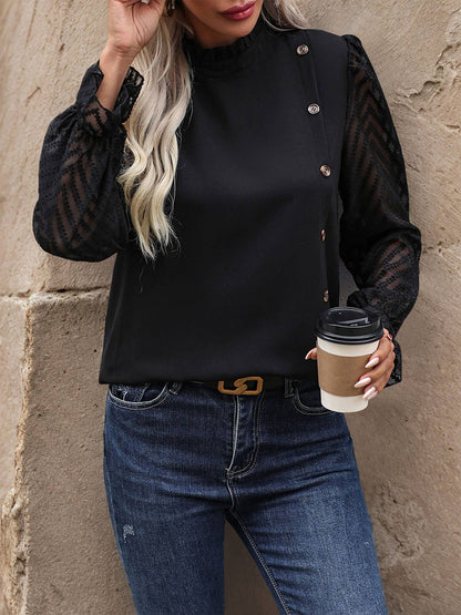 Puffed-sleeve semi-high-neck solid-color shirt