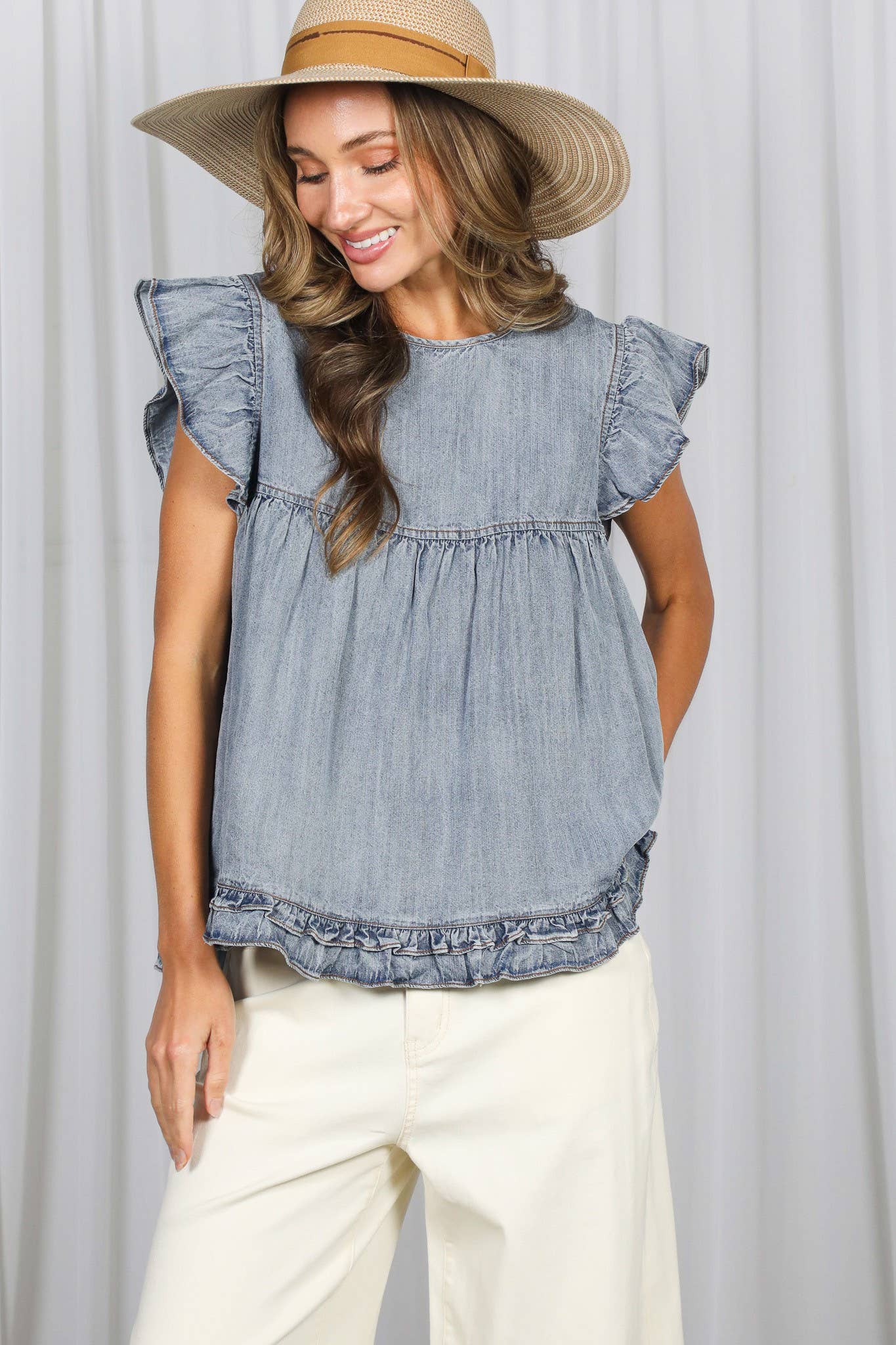 Ruffle Accent Short Sleeve Chambray Denim Top