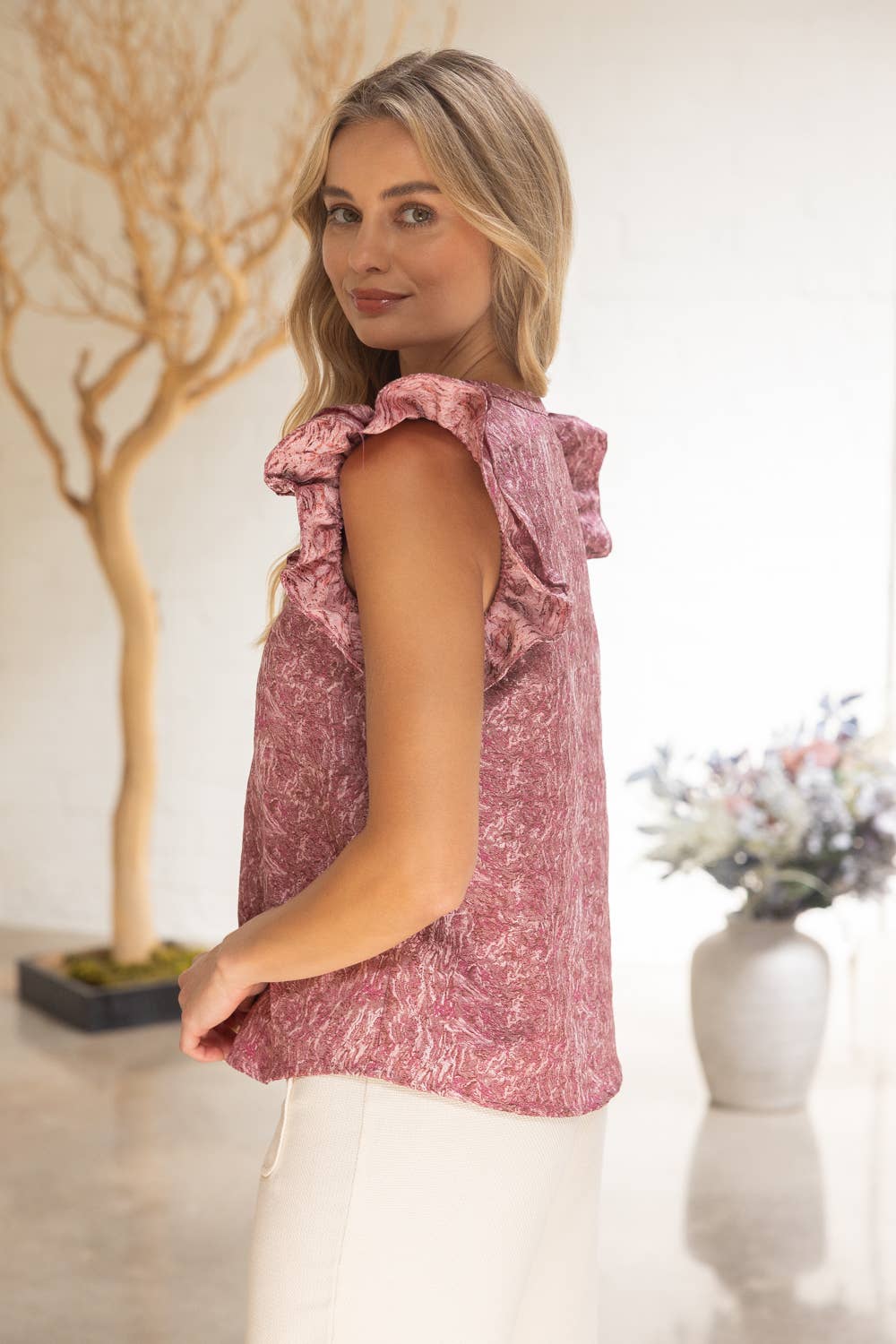 Ruffled Cap Sleeve Jacquard Top
