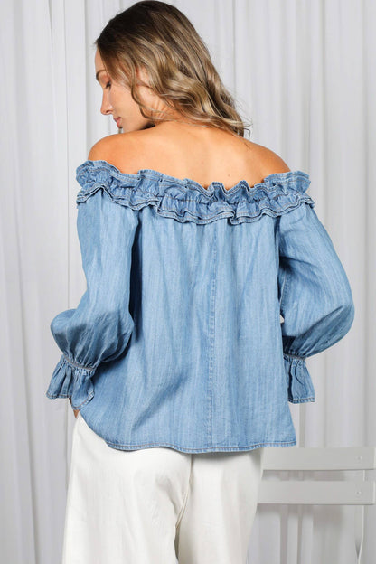 Casual Off The Shoulder Chambray Denim Blouse VT83373