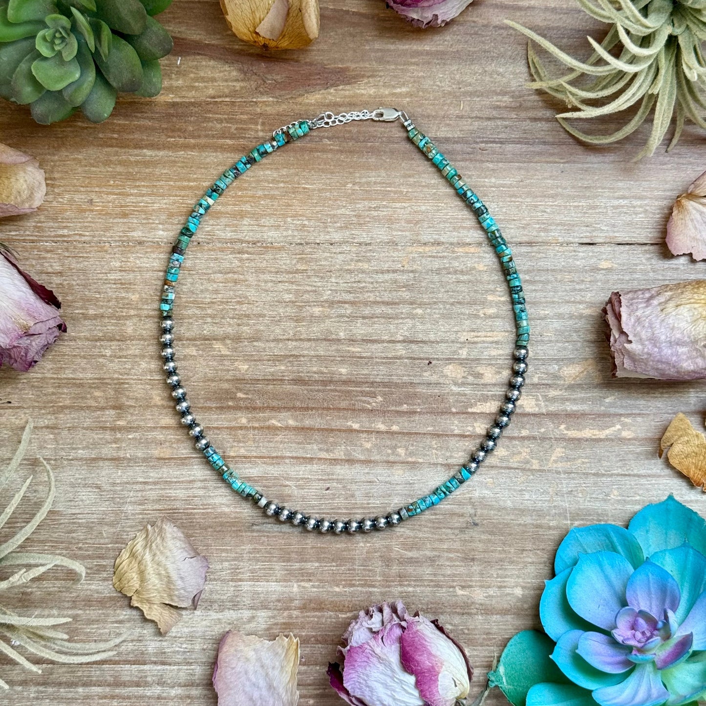 15” Heishi Turquoise Necklace – 4mm Turquoise & 5mm Sterling Silver Pearls