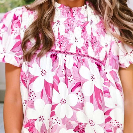 Floral Frilled Collar Short Sleeve Blouse Top