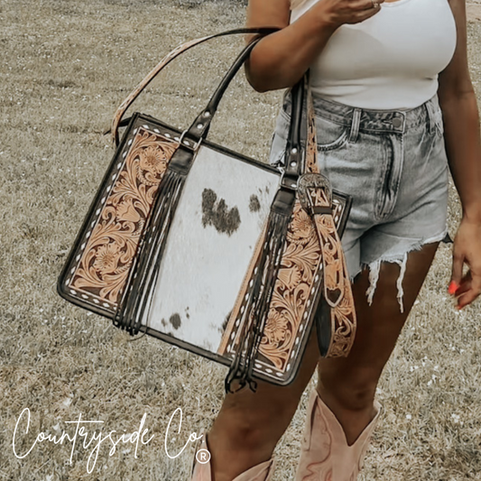 Panhandle Tooled Leather Cowhide Tote, Computer Bag, Purse