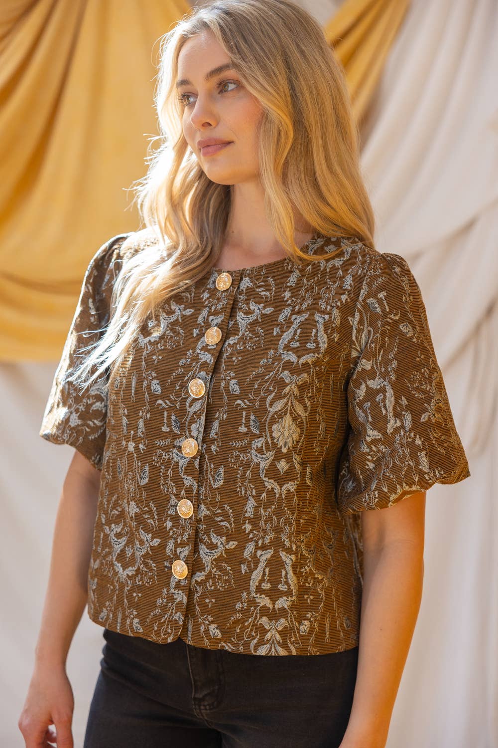 36908 Gold Button Down Floral Jacquard Top