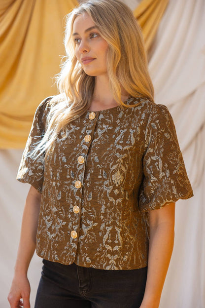 36908 Gold Button Down Floral Jacquard Top