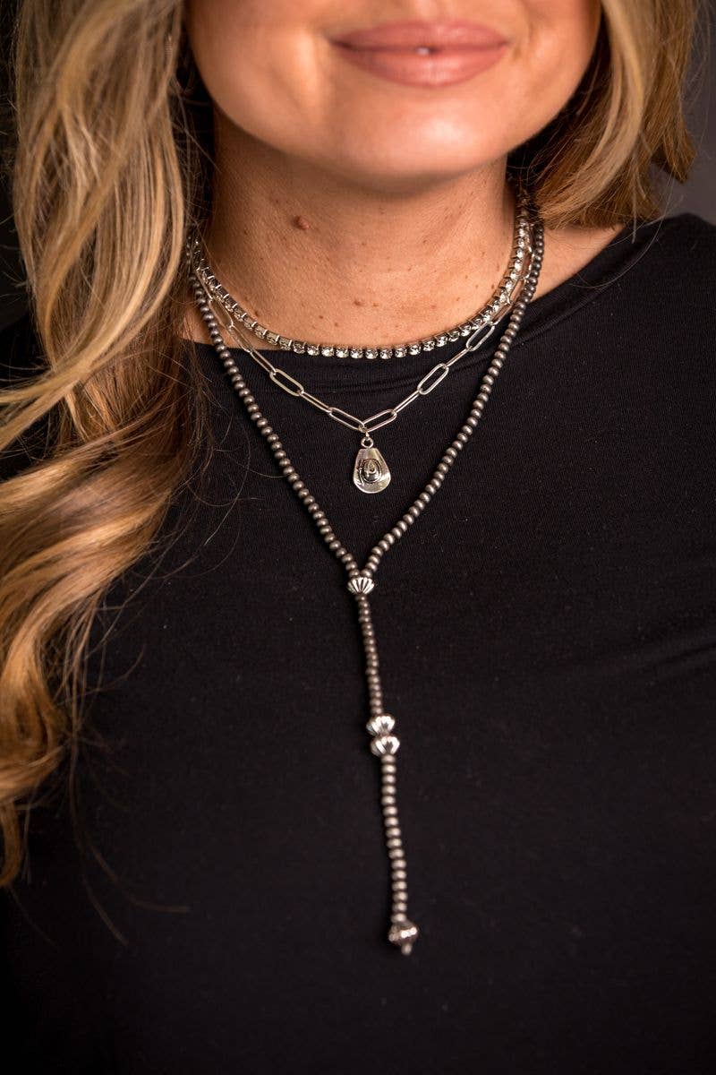 14/16/18" Silver Y-Necklace w/ Cowboy Hat & Pearls