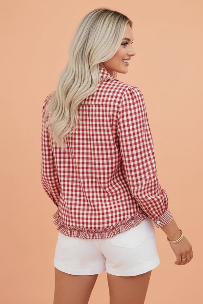 PRETTY BASH Gingham Frilled Long Sleeve Shirt