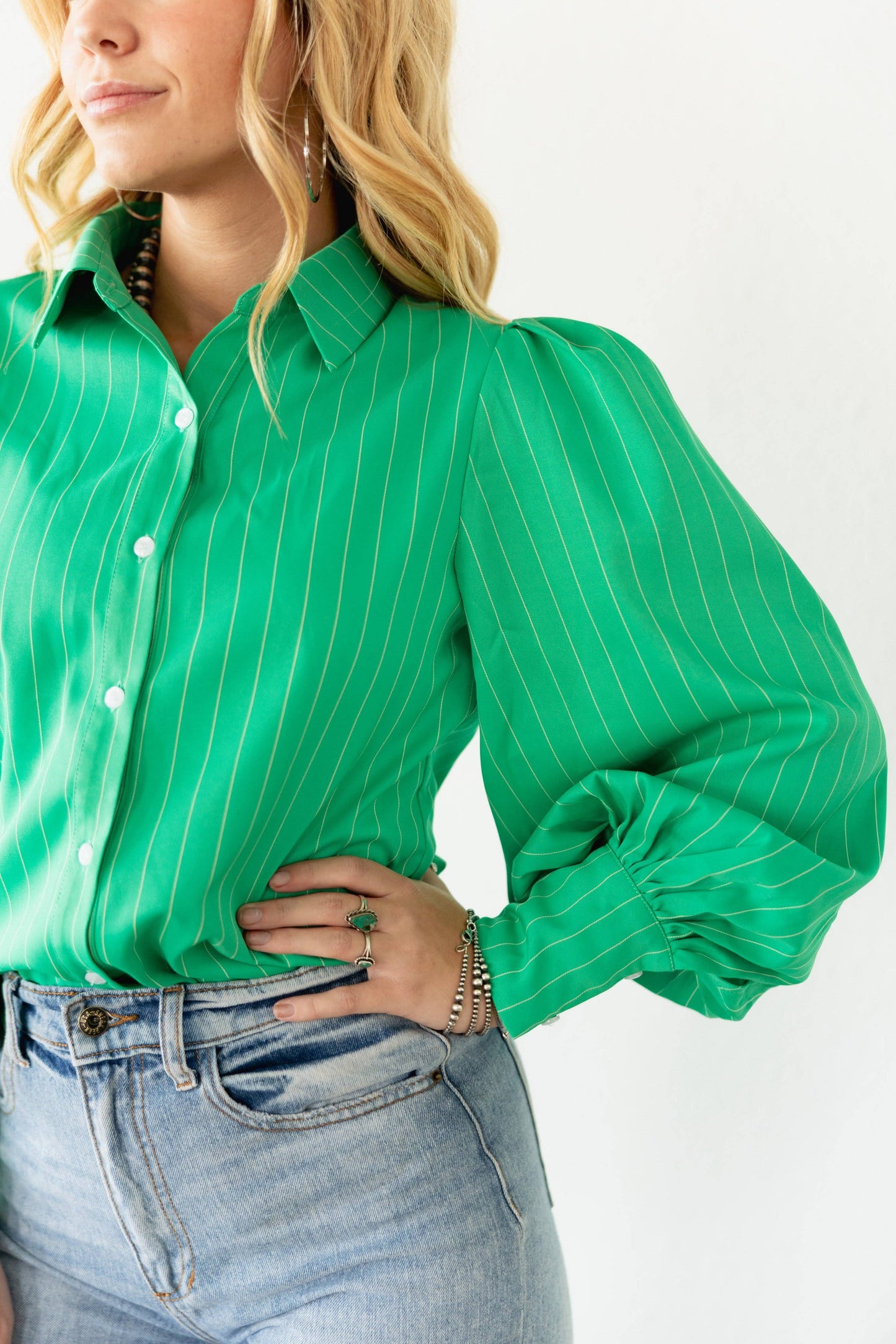 GREEN PINSTRIPE Collared TOP