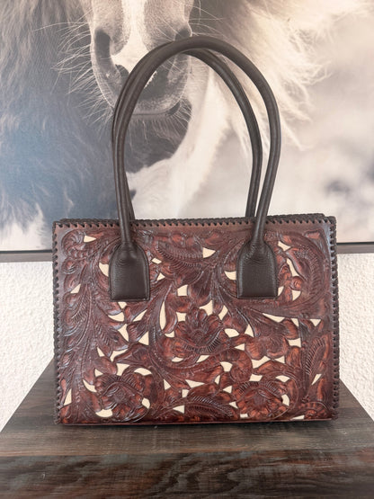 Dark Brown & Ivory Inlay Leather Tooled Juan Antonio Handbag