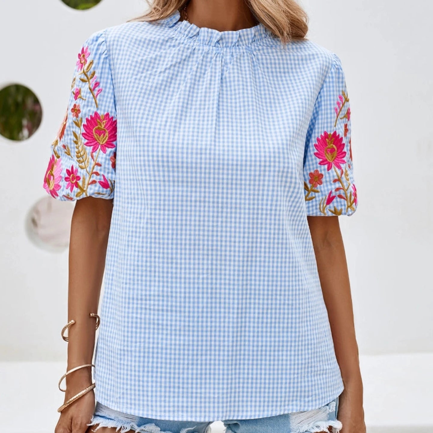 Gingham Embroidered Puff Sleeve Blouse