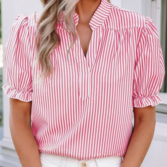 Striped V Neck Casual Short Sleeve Blouse