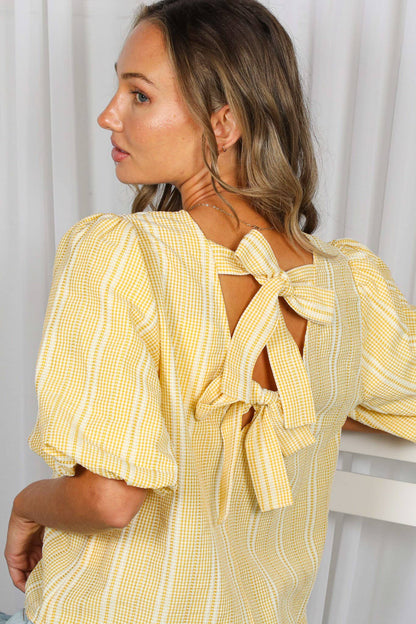 V-Back 2 Bow Accent Feminine Plaid Blouse Top VT82621C
