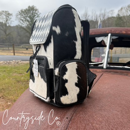 Checkered Cowhide Backpack Laptop Bag, travel bag