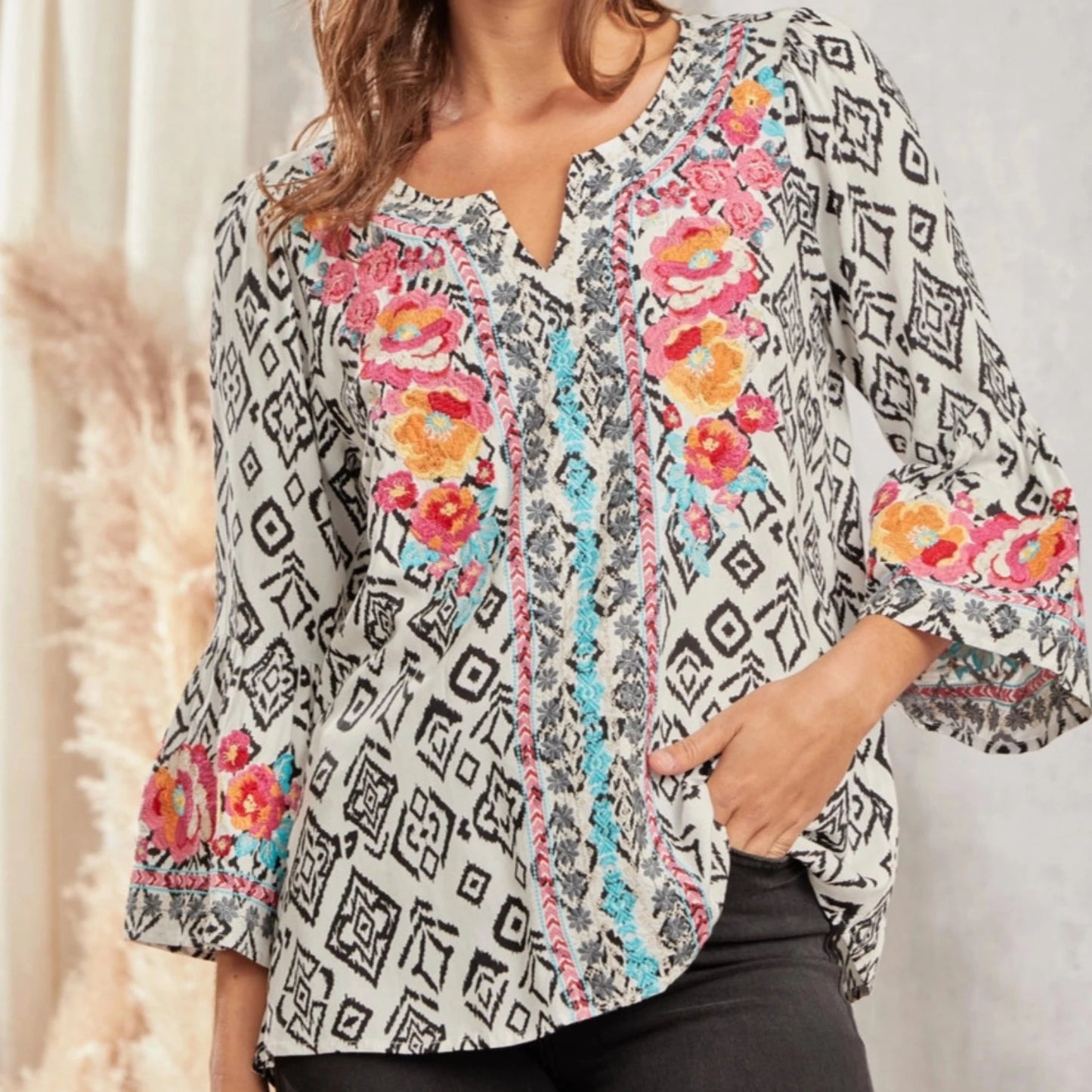 Bell Sleeve Embroidered Top