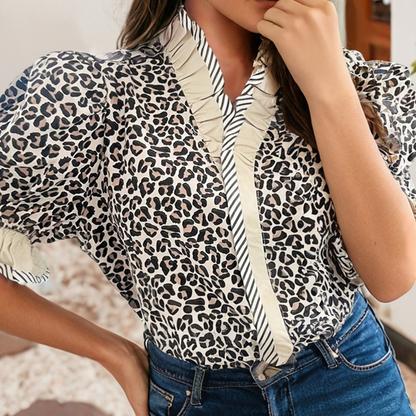 Ruffled Color Block Trim V Neck Short Sleeve Blouse