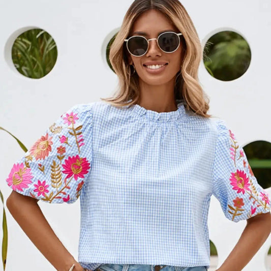 Gingham Embroidered Puff Sleeve Blouse