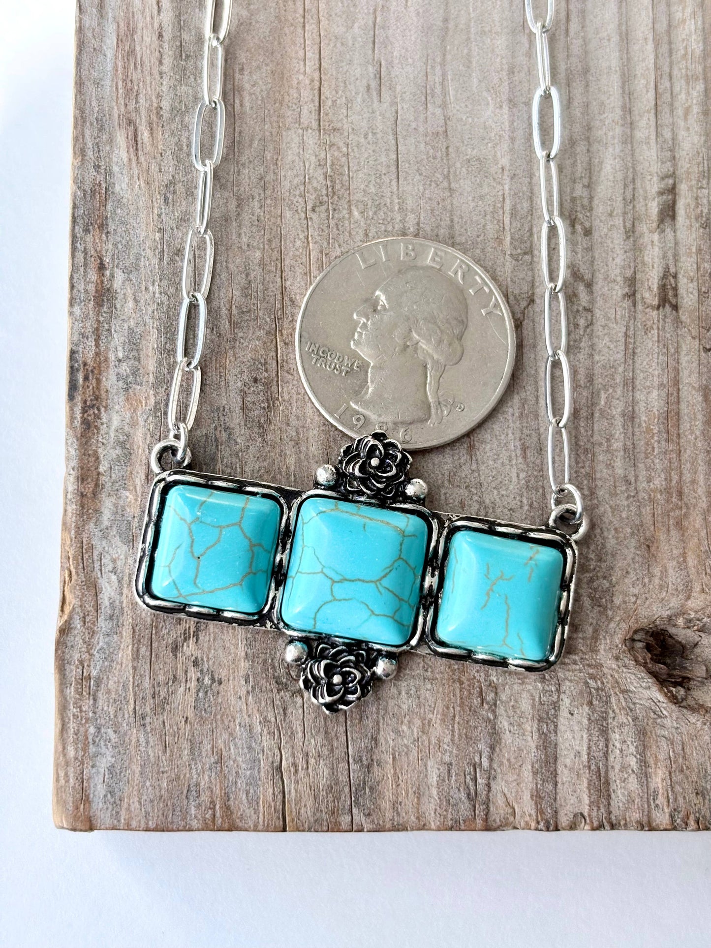 Western Style Square Stone Bar Pendant Chain Necklace