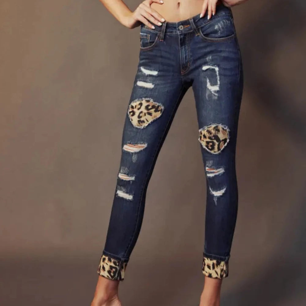 Kan Can Mid Rise Super Skinny Leopard Patch Jeans