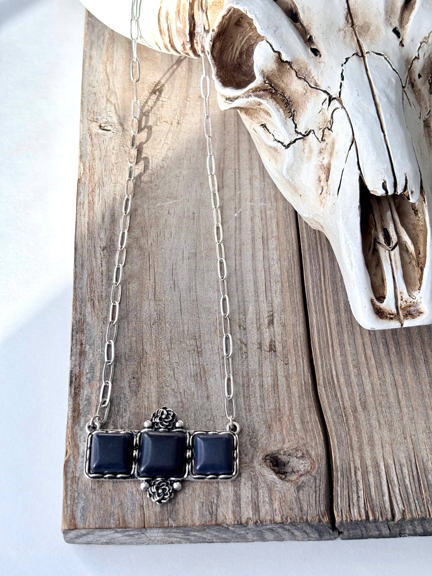 Western Style Square Stone Bar Pendant Chain Necklace