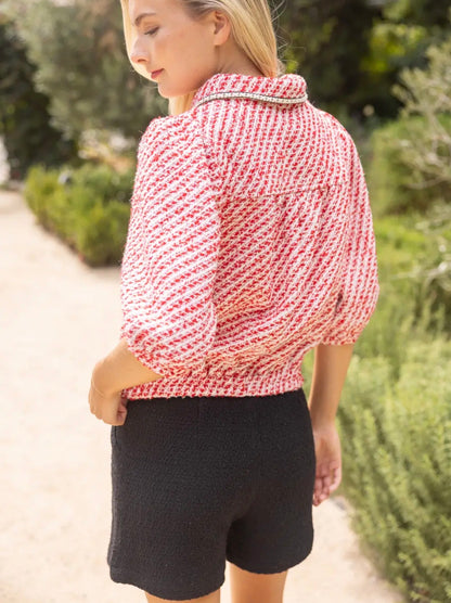 Pearl Quarter Button collared Tweed Top 36950