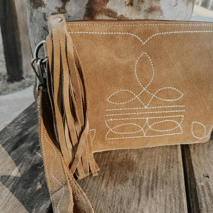 Becca Boot Stitch Suede Leather Purse with Wristlet