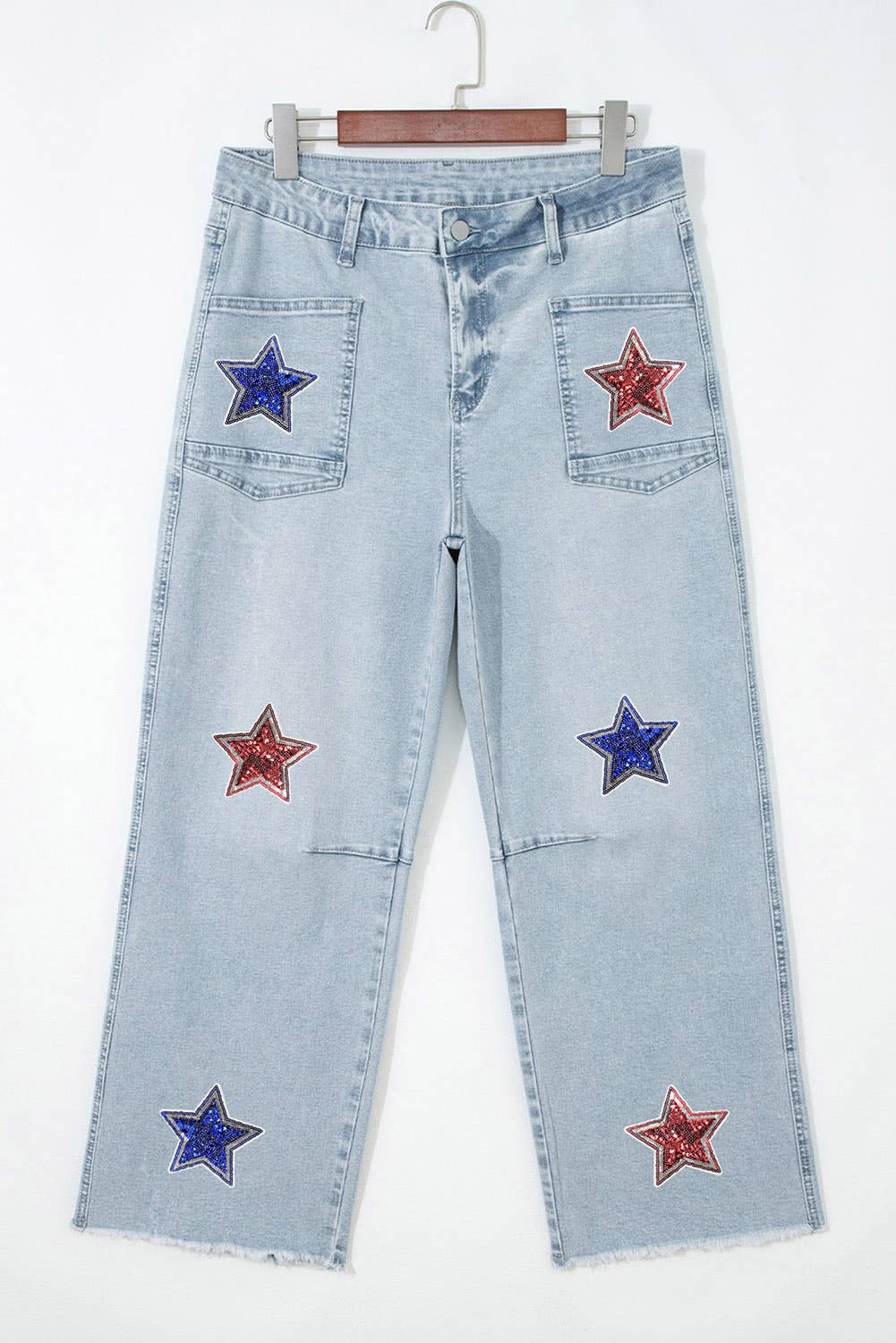 4the of July Patriotic Sequin Stars Patch Pocket Shift Jeans