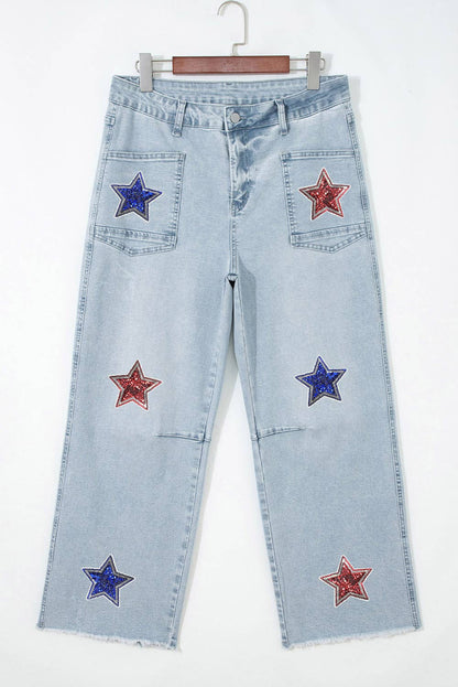 4the of July Patriotic Sequin Stars Patch Pocket Shift Jeans