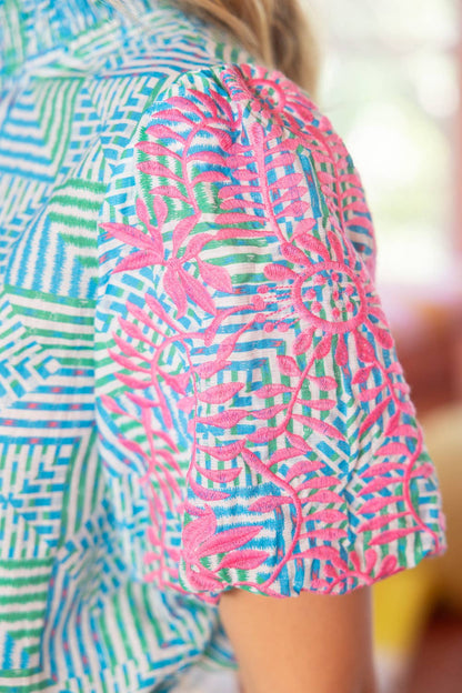 Smocked Neck Contrast Embroidered Bubble Sleeve Top