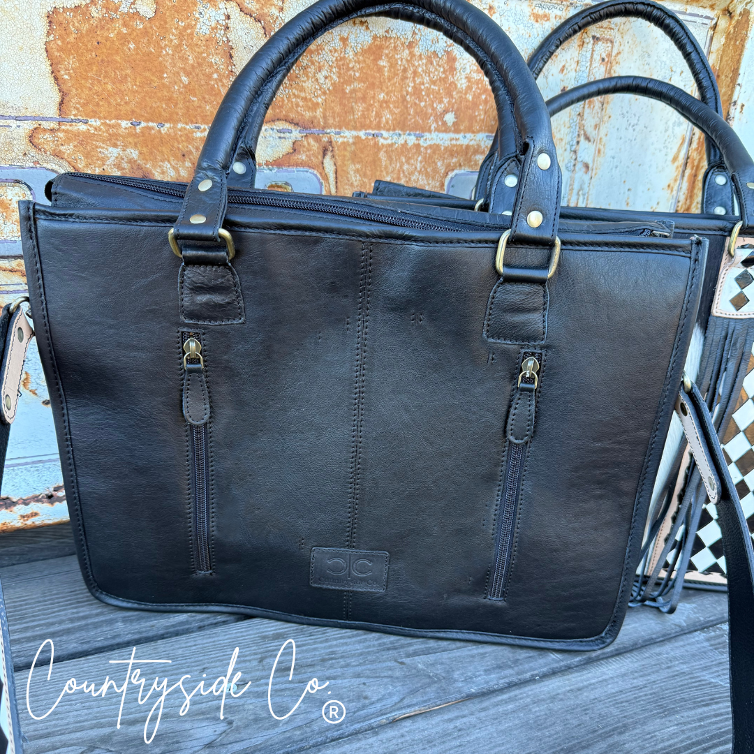 Tinsley Checkered Leather Cowhide Tote, Computer Bag