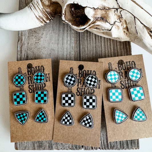 Western Checker Shape Post Combo Earring Set