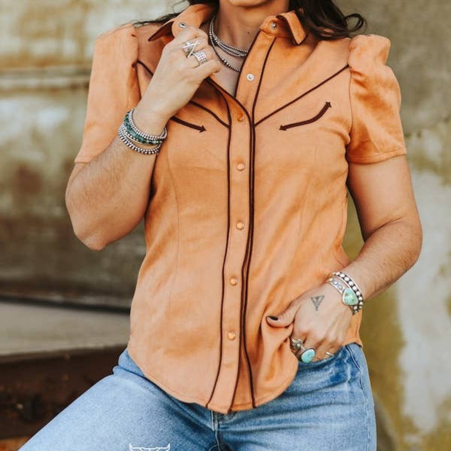 Camel Suede Contrast Arrow Pearl Snap Puff Sleeve Top