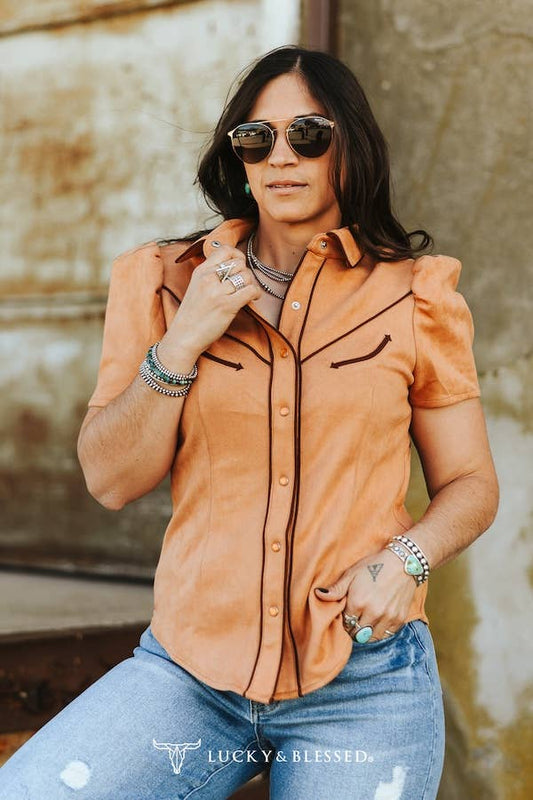 Camel Suede Contrast Arrow Pearl Snap Puff Sleeve Top