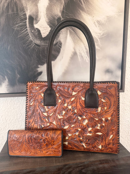 Saddle Tan & Ivory Inlay Tooled Leather Juan Antonio Handbag