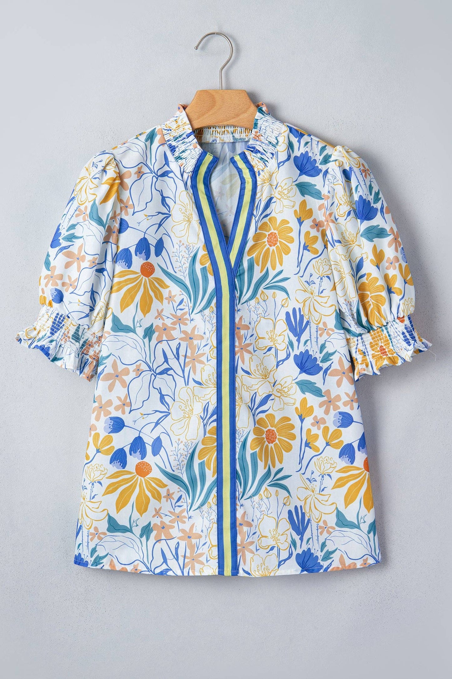 PRETTY BASH Floral Stripe Trim Puff Sleeve Blouse