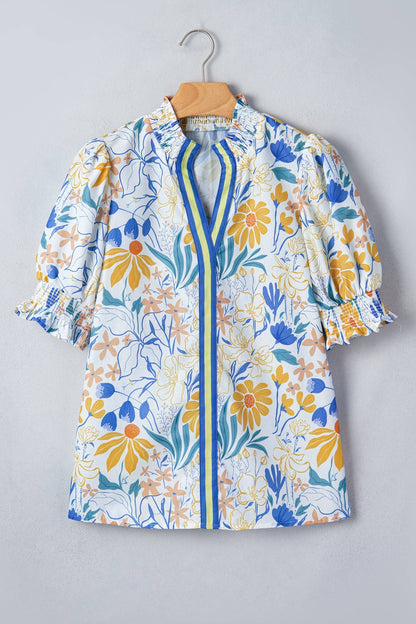 PRETTY BASH Floral Stripe Trim Puff Sleeve Blouse