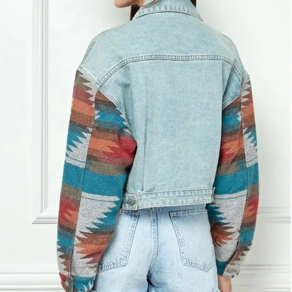 Aztec Contrast Splicing Cropped Denim Jacket