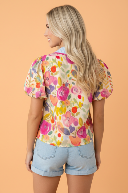 PRETTY BASH Floral V-Neck Puff Sleeve Blouse